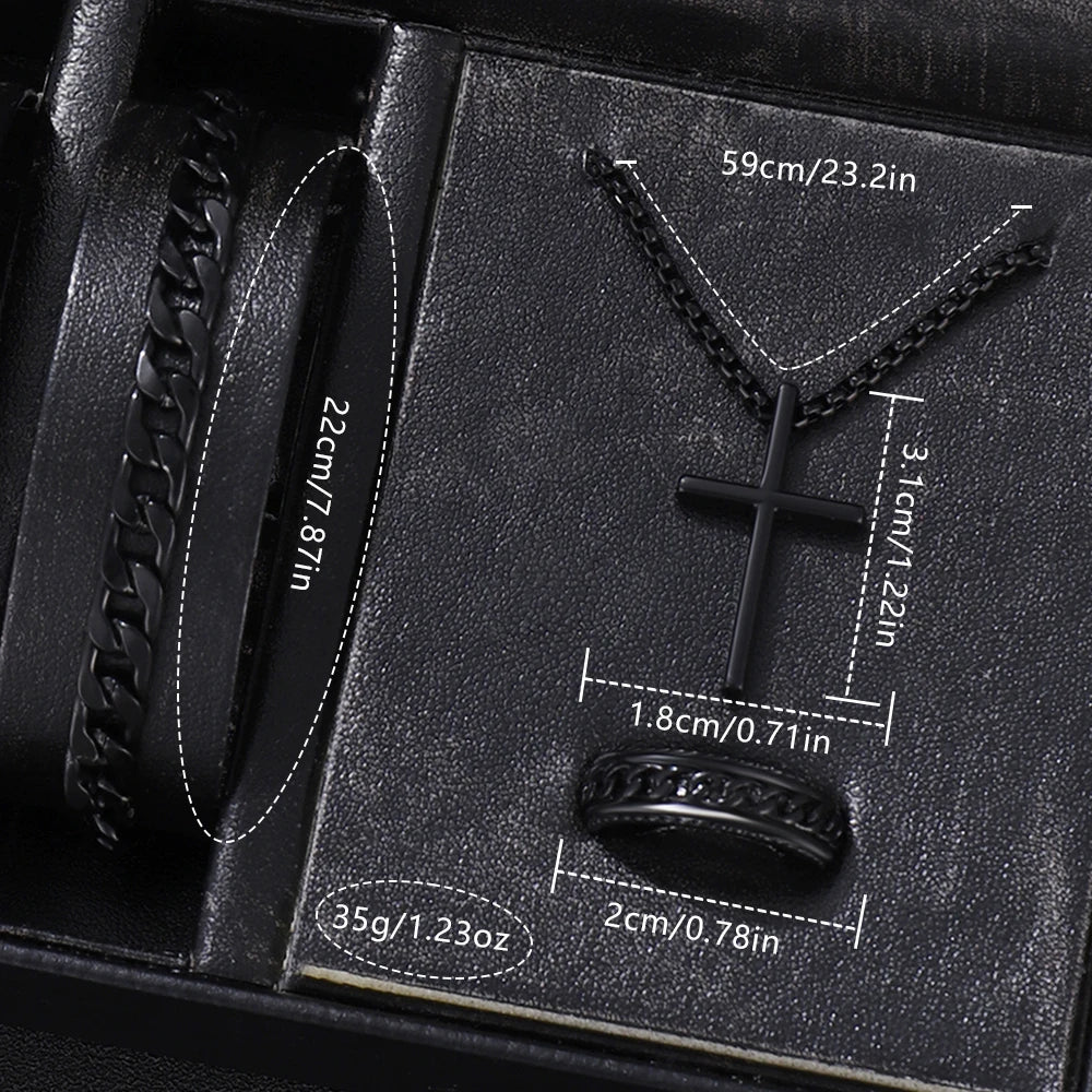 A black gift set containing a men's classic watch and jewelry item with various measurements displayed.