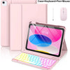 A pink multi-angle keyboard case for an iPad, shown with a keyboard, pen, and mouse.