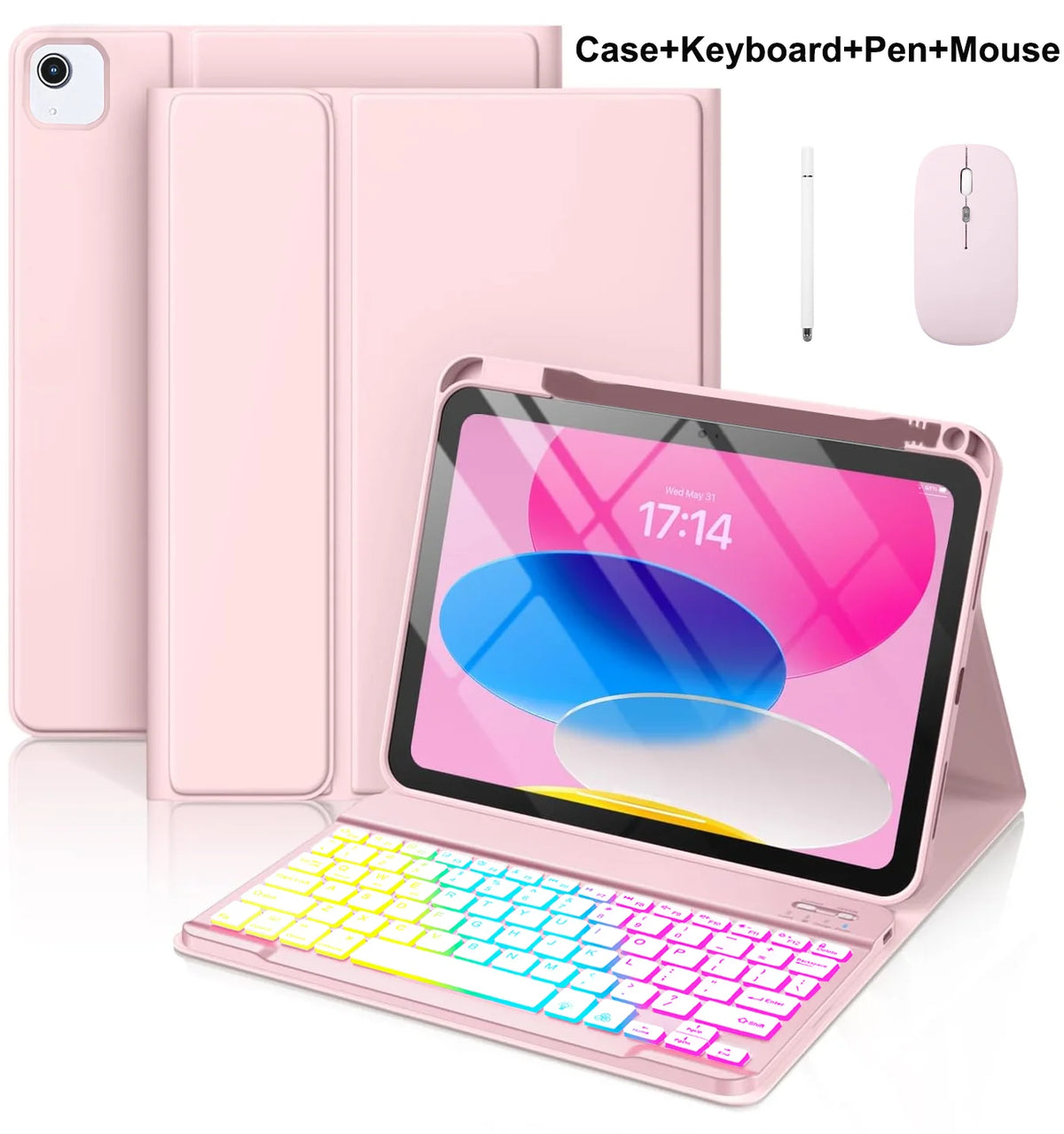 A pink multi-angle keyboard case for an iPad, shown with a keyboard, pen, and mouse.