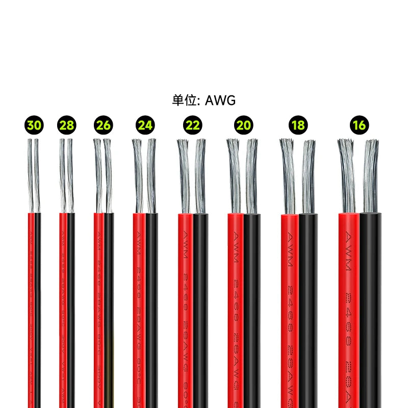 Set isolierter elektrischer Verlängerungskabel mit verschiedenen AWG-Maßen, nummeriert von 30 bis 16.