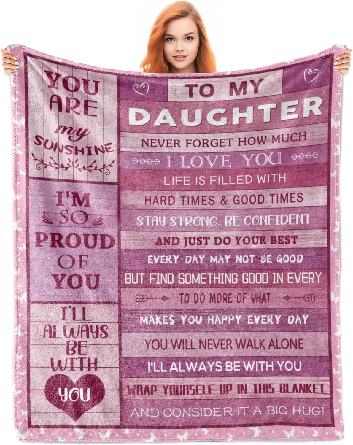 A pink fleece throw blanket with inspirational text about a daughter and love