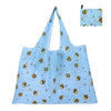 Light blue reusable shopping tote bag featuring a pattern of yellow and black bees.