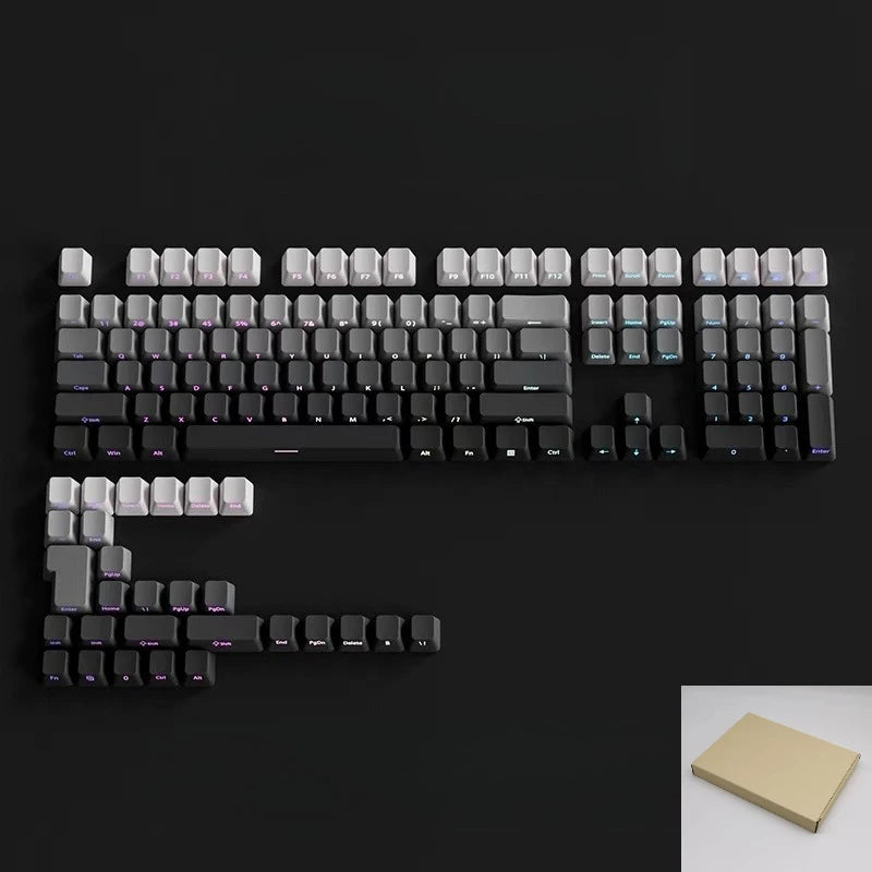 Nahaufnahme eines kompletten Satzes von Gradient-PBT-Keycaps für mechanische Tastaturen in einer Reihe.