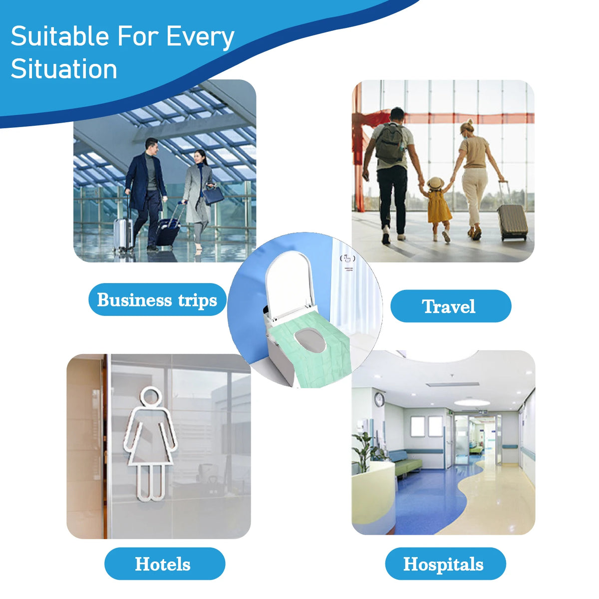 Disposable toilet seat covers suitable for business trips, travel, hotels, and hospitals.