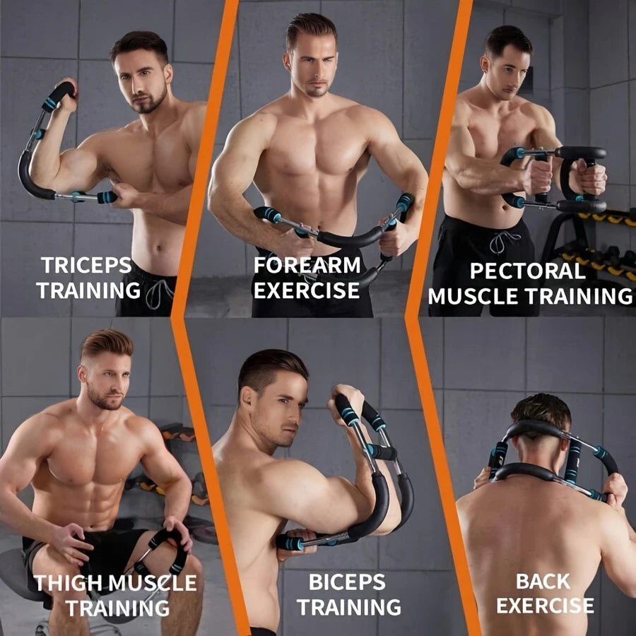 A collage showing various muscle training exercises using an adjustable resistance chest and arm trainer.