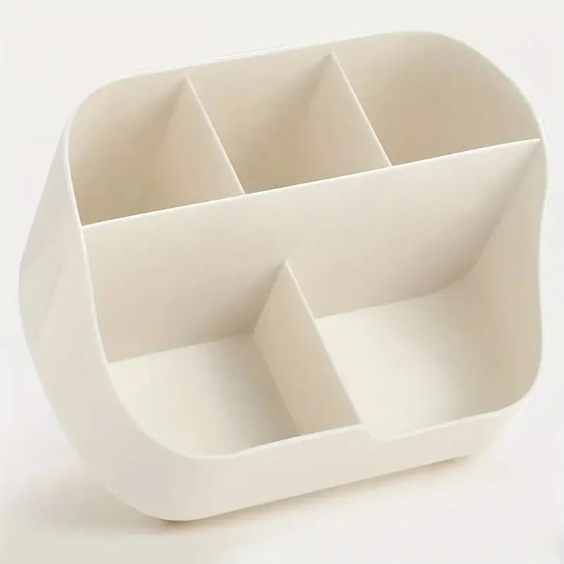 A white five-compartment desktop organizer for holding office and school supplies.