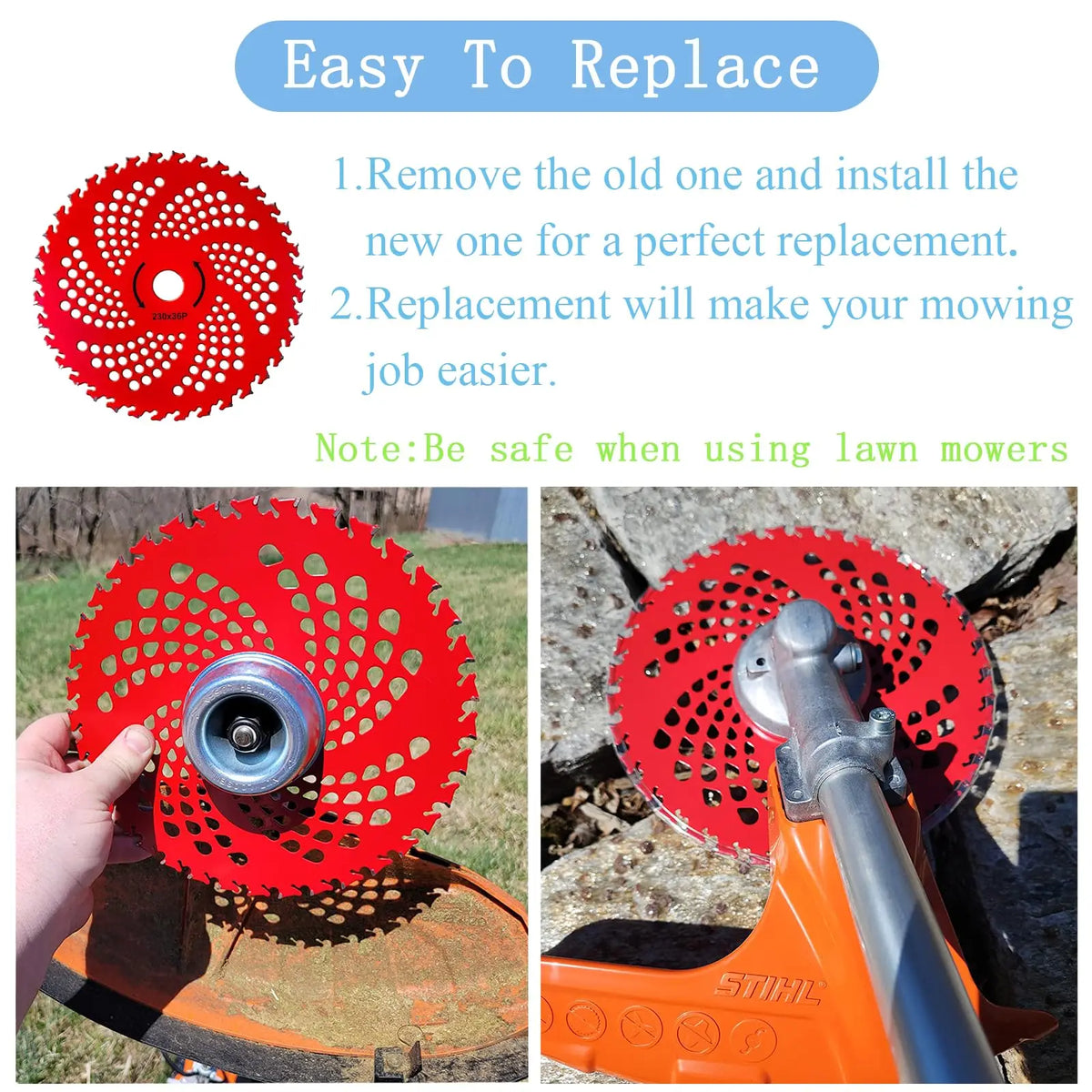 A close-up view of a red 36-tooth carbide tipped brush cutter blade being installed onto a lawn mower.
