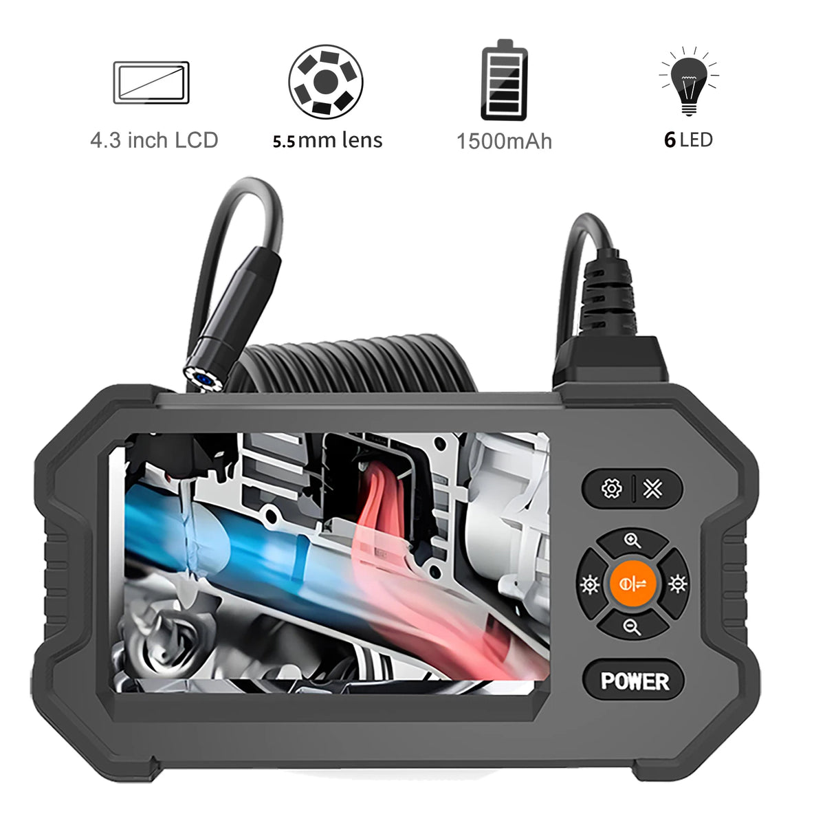 Caméra borescope noire avec écran LCD, lentille de 5,5 mm et lumière LED, vue interne.