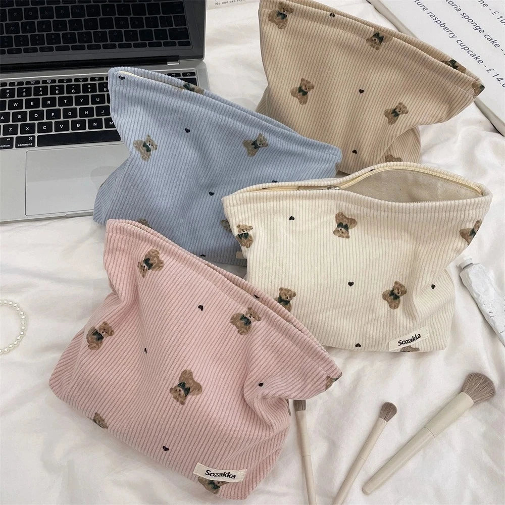 Corduroy Bear Print Makeup Bag – Large Capacity Cosmetic Organizer