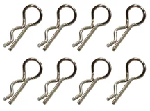 A set of eight silver metal spring clips or hooks for RC car receiver parts.