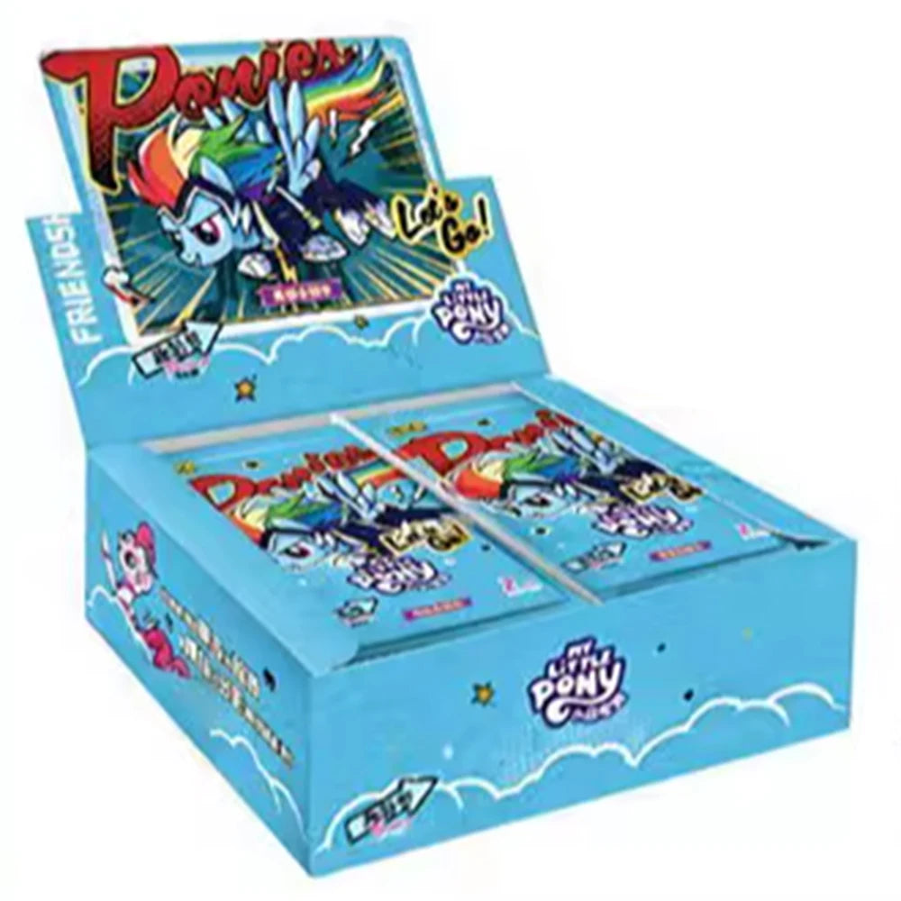 A box of My Little Pony Friendship Eternal Radiant Moon Gilded Card Pack featuring colorful artwork and text.