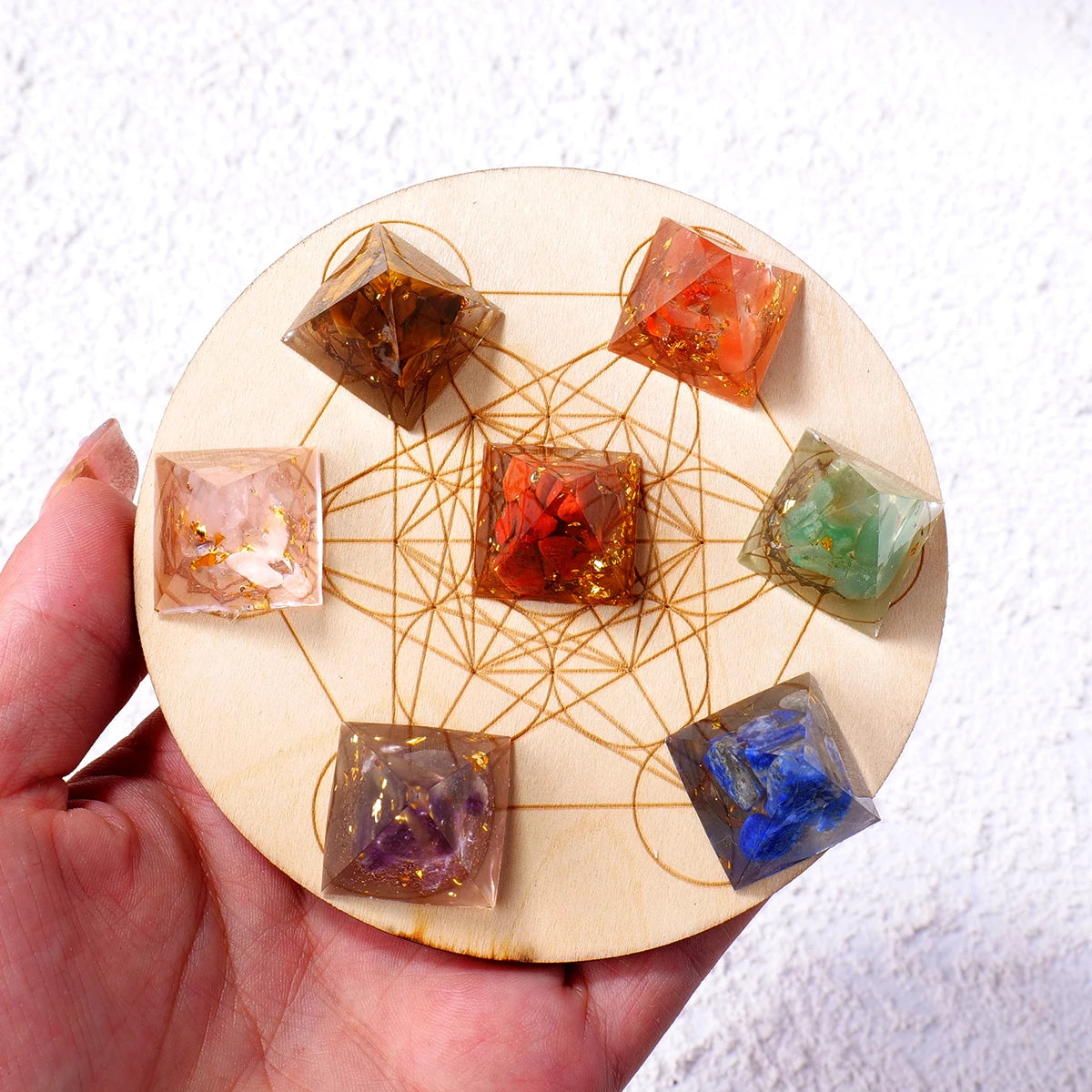 7-Piece Chakra Crystal Pyramid Set with Wooden Base