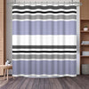 A shower curtain featuring horizontal geometric stripes in shades of gray, black, and light purple on a rod.