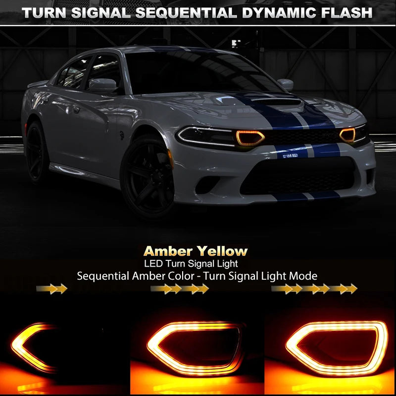 Amber yellow LED turn signal light sequential dynamic flash for a white Dodge Charger grille.