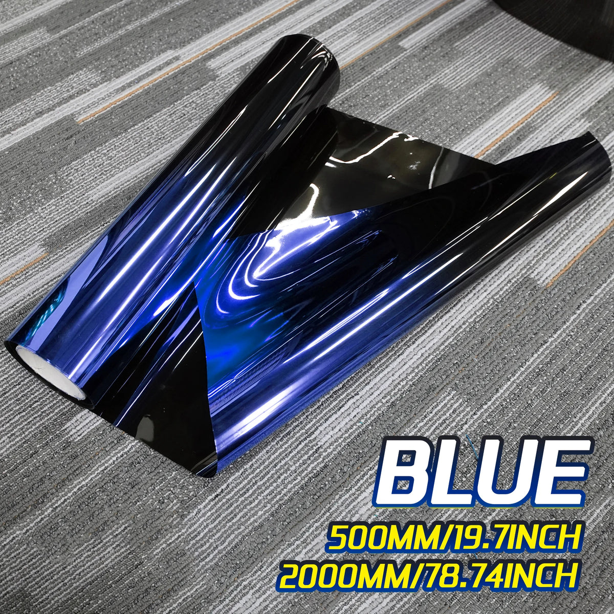 A roll of blue gradient car window tint film is shown on a gray surface with size specifications.