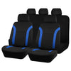 A set of black and blue two-tone car seat covers shown in a row.