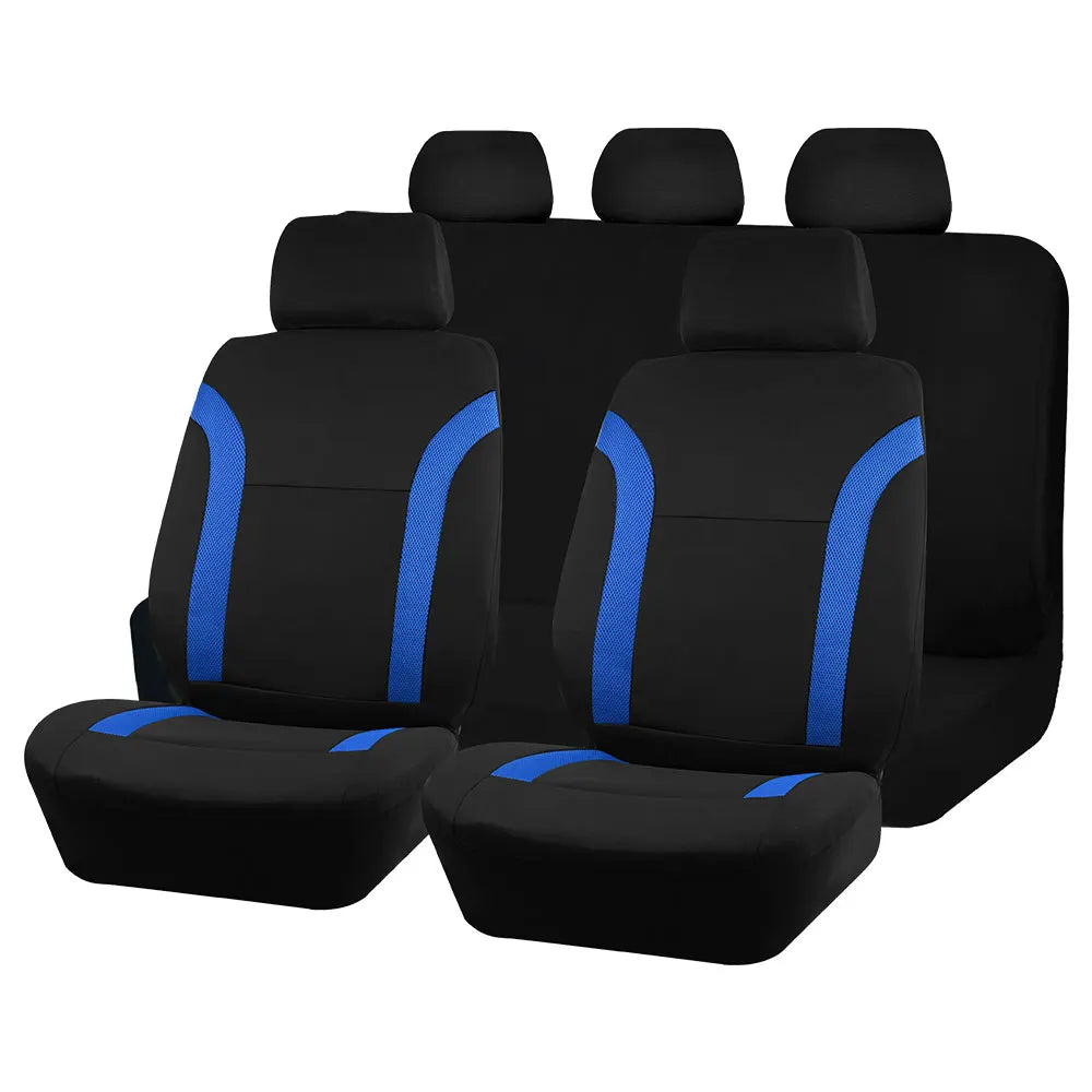 A set of black and blue two-tone car seat covers shown in a row.