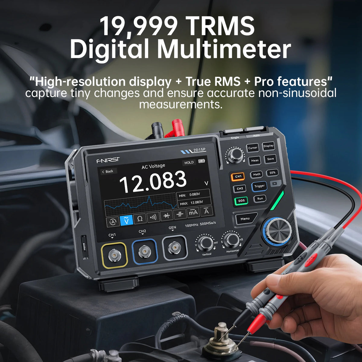 A hand is using an FNIRSI digital multimeter on a car engine component.