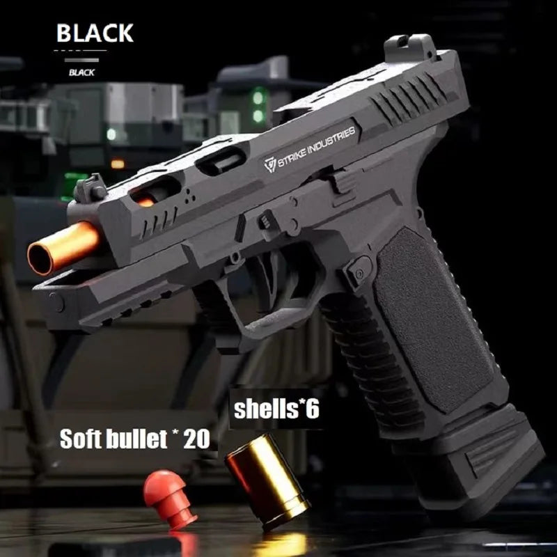 A close-up view of a black assault rifle model with an orange barrel and a magazine, shown in a dark setting.