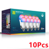 A box of 10 Smart Bulb LED lights with RGB color changing and dimmable warm/cool light.