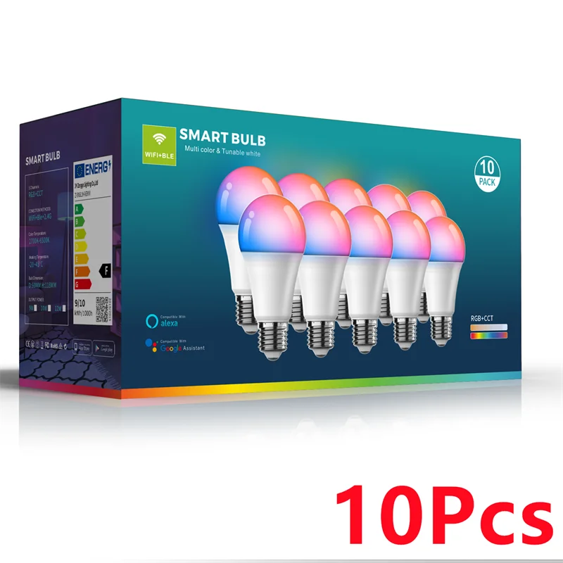 A box of 10 Smart Bulb LED lights with RGB color changing and dimmable warm/cool light.