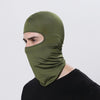 A person wearing a olive green windproof full face balaclava.