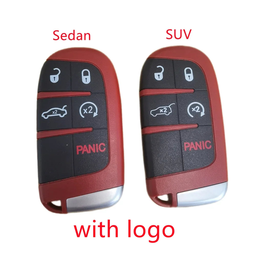 Two red key fob shells, one for a Sedan and one for a SUV, featuring a panic button and logo.