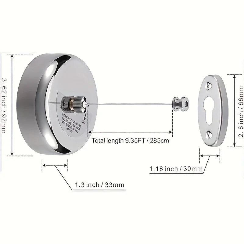 A round, chrome wall-mounted clothesline with a retractable stainless steel wire and mounting hardware.