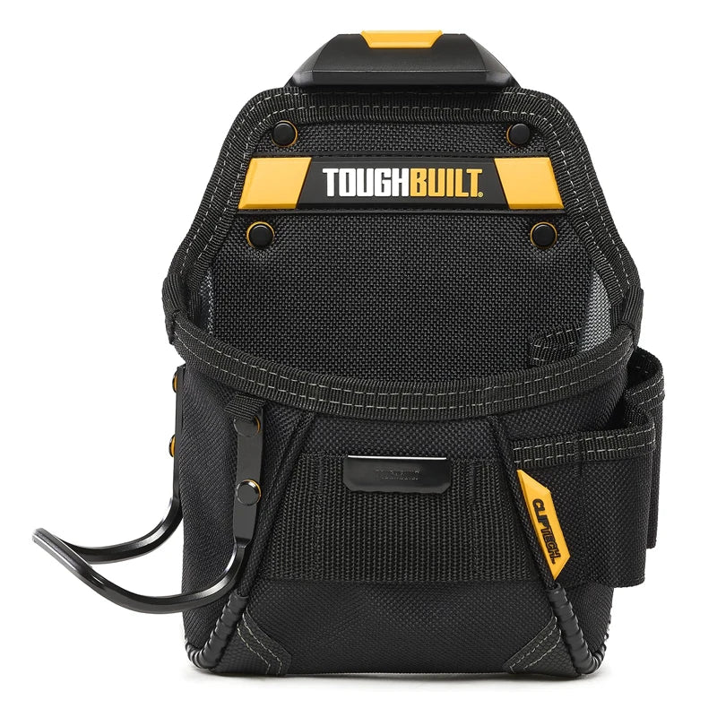Black electrician tool pouch with a yellow accent and belt clip.