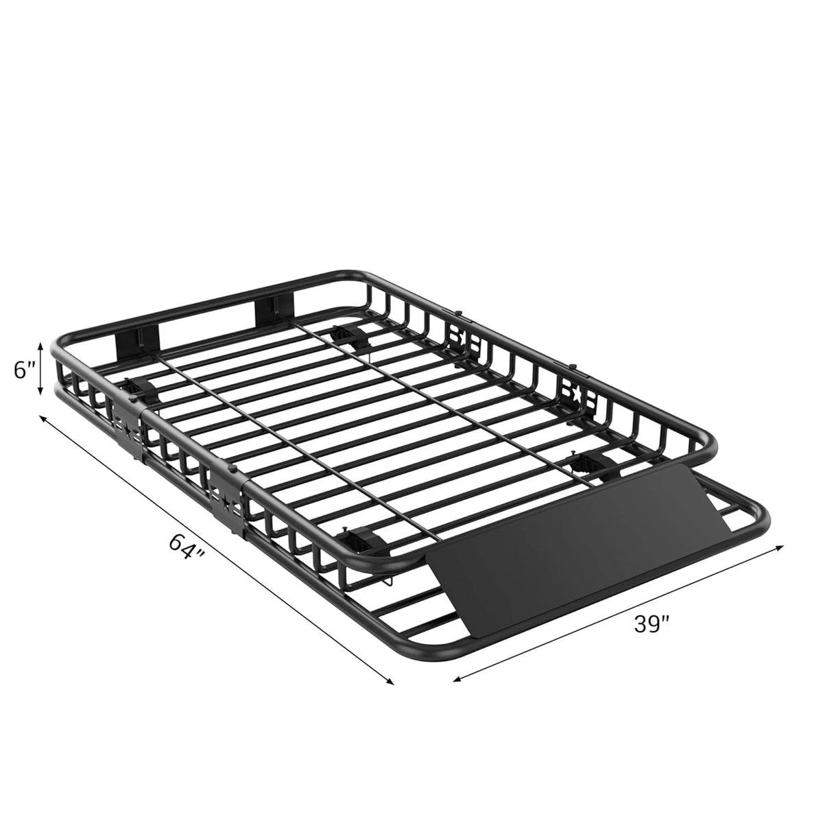 Black heavy-duty universal roof rack cargo basket with dimensions 6" by 39" and 64" long