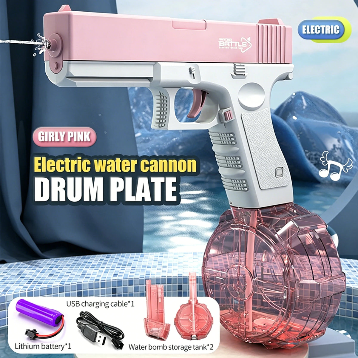 Pink electric water cannon toy gun with a drum plate and battery storage visible on a tiled surface.