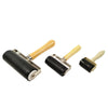 A set of black rubber ink rollers with wooden handles for printmaking and crafting projects