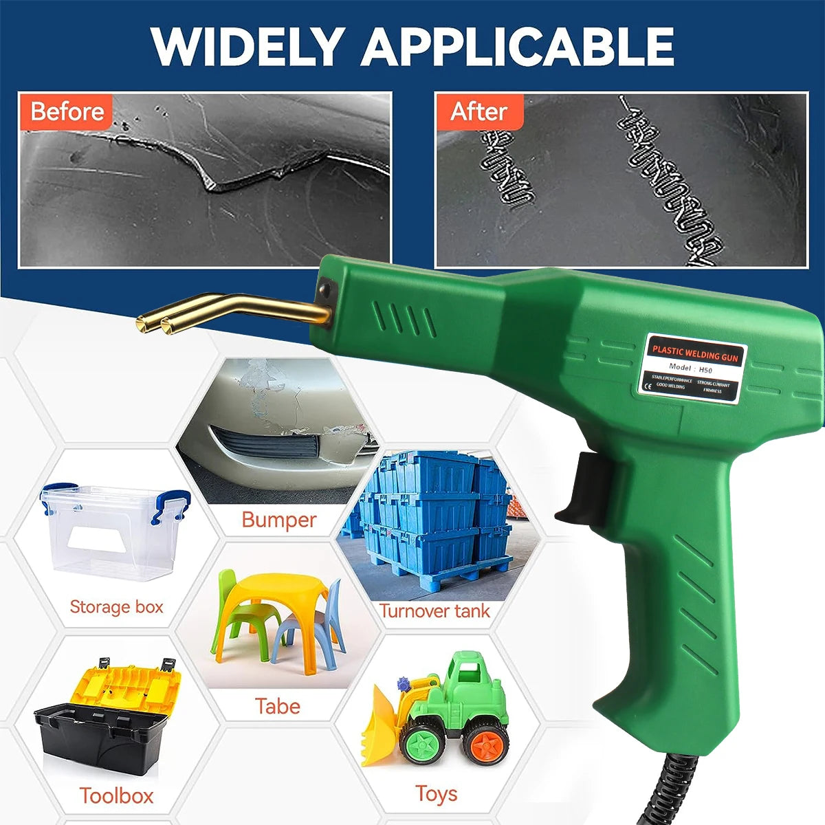 A green plastic welding gun is shown with before and after images demonstrating its use on a car bumper, alongside various to