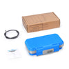 A blue portable 4-digit combination safe lock box with a steel cable and its cardboard packaging.