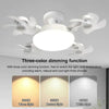 A ceiling fan with three-color dimming lights showing warm, neutral, and white light options.