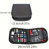 A black compact travel sewing kit with various tools and needles is shown in an open case.