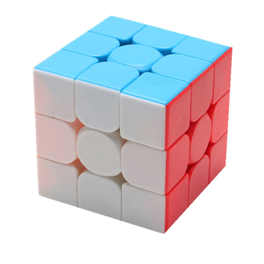 A MoYu MeiLong 3x3x3 stickerless speed cube with blue and red colored pieces.