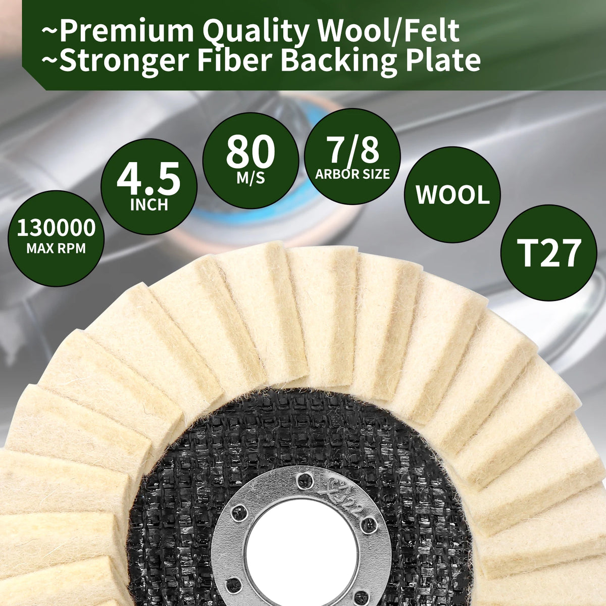 A close-up view of a wool polishing wheel with a black backing plate and a light tan buffing pad.