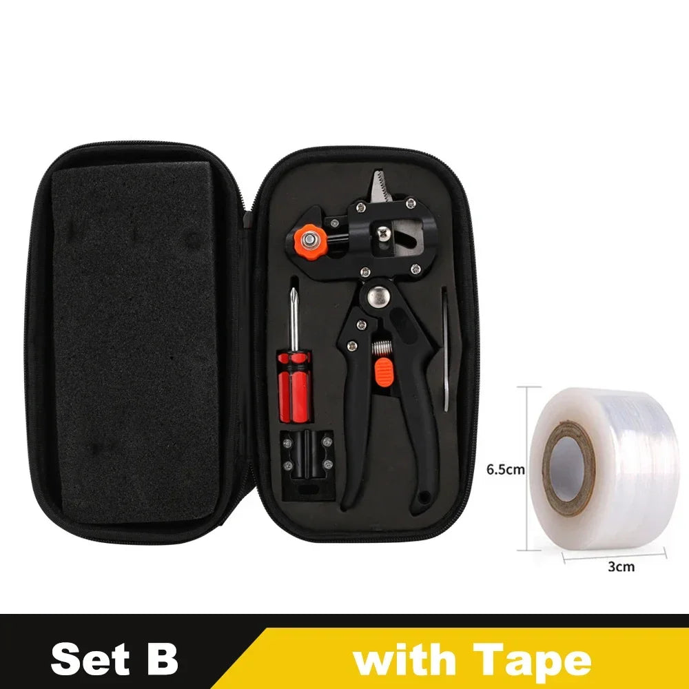Black precision grafting pruner set with three interchangeable blades and tape