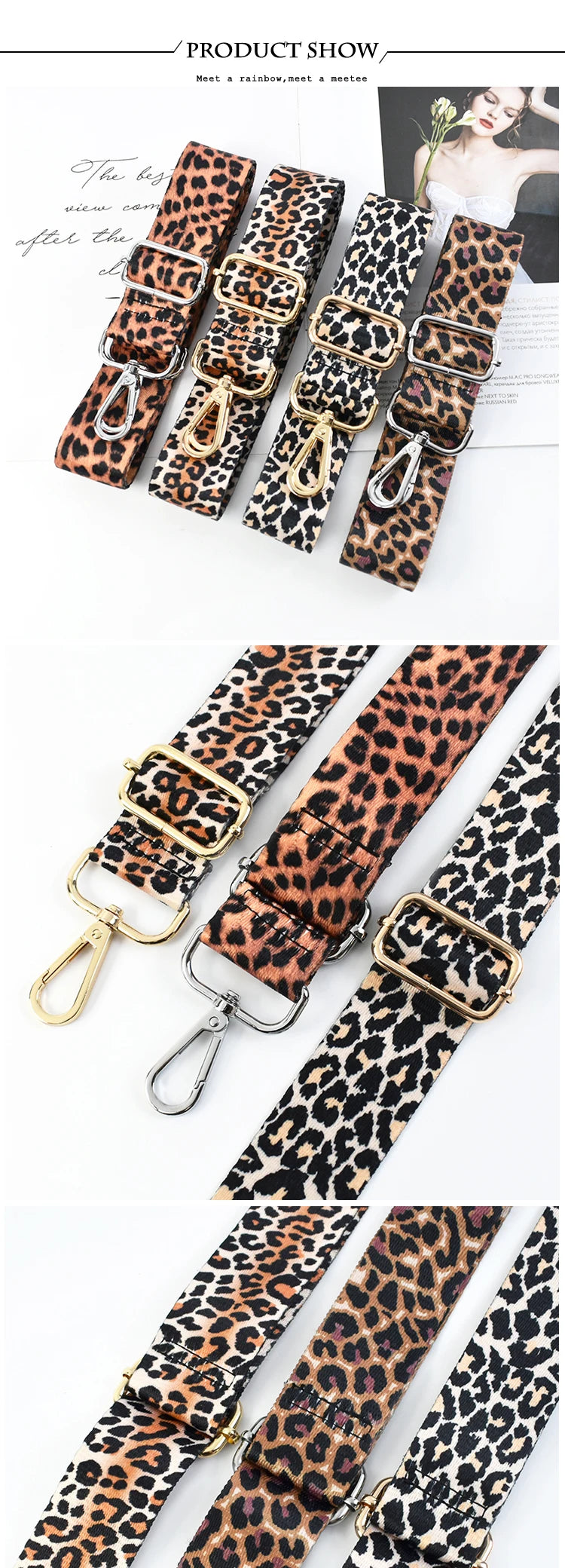 A close-up photo showing several leopard print wide adjustable crossbody bag straps in various shades and finishes.