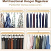 A wooden hanger organizer rack displaying various colored belts and accessories on hooks.