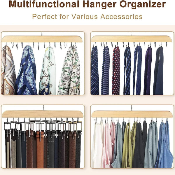 A wooden hanger organizer rack displaying various colored belts and accessories on hooks.