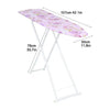 A white foldable ironing board with a purple floral cover, shown from the side.