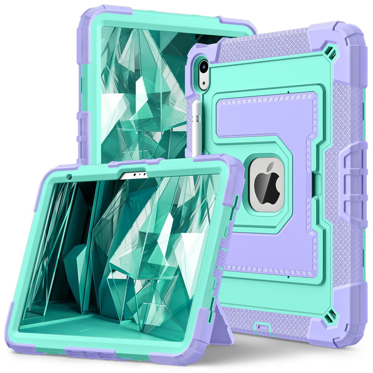 A pair of dual-color protective cases for iPads, featuring mint green and lavender tones.