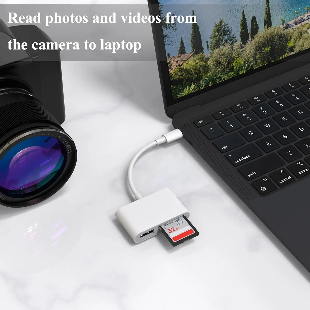 A 3-in-1 USB-C memory card reader is shown next to a laptop, with a camera lens visible on the table.