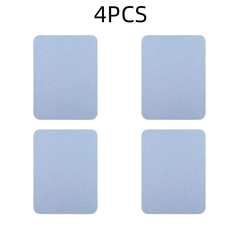 Four light blue iron-on fabric patches are displayed, ready for clothing repair or DIY decor.