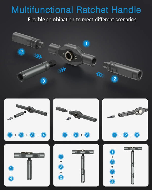 A set of multifunctional ratchet handles and screwdriver bits shown in various configurations.