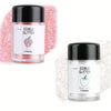 Two glass jars of edible glitter powder, one pink and one silver grey, displayed against a pink glitter background.