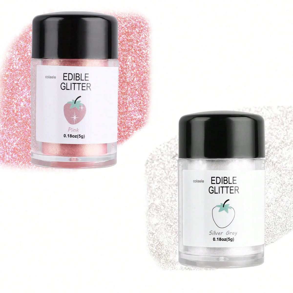 Two glass jars of edible glitter powder, one pink and one silver grey, displayed against a pink glitter background.