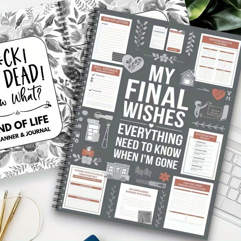 A gray planner titled My Final Wishes with sections for end-of-life planning and arrangements.